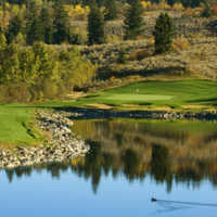 A view of the 10th green from the pond at The Rise Golf Club